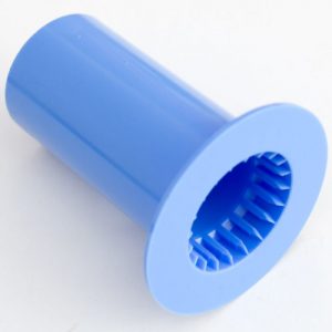 Blue cylindrical plastic component moulded by Roland Plastics